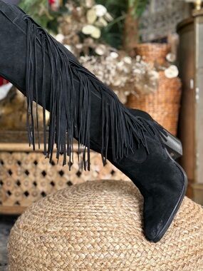 Vince Camuto Black Suede Fringe Knee Boots western leather distressed